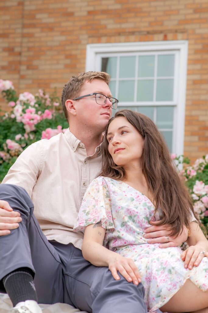 Couple in front of the Camas Library engagement photo session