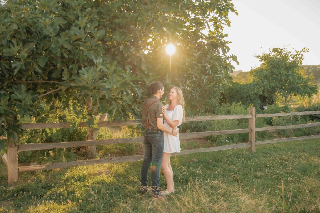 Fort Vancouver Engagement session in the trees and sunlight at golden hour